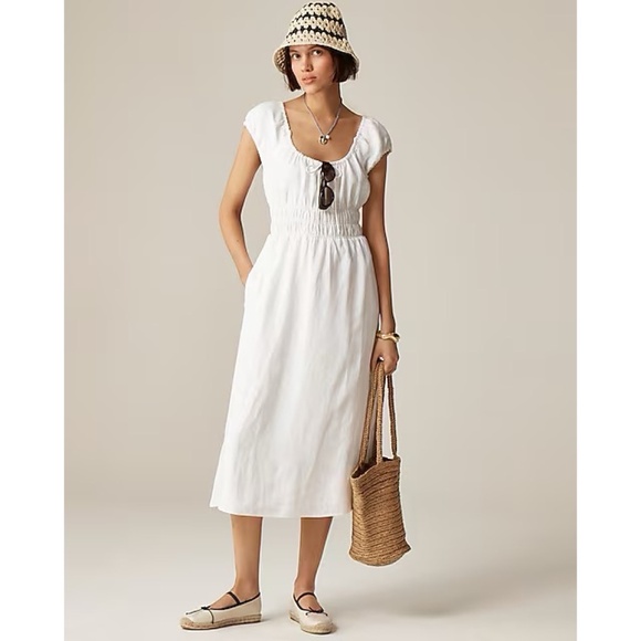 NWT!! J. CREW Cap Sleeve Midi Dress Linen Solid White Smocked Medium Petite MP - Picture 1 of 14